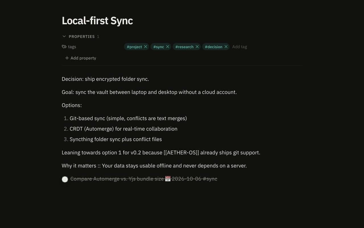 The Markdown note editor with a note open in a tab