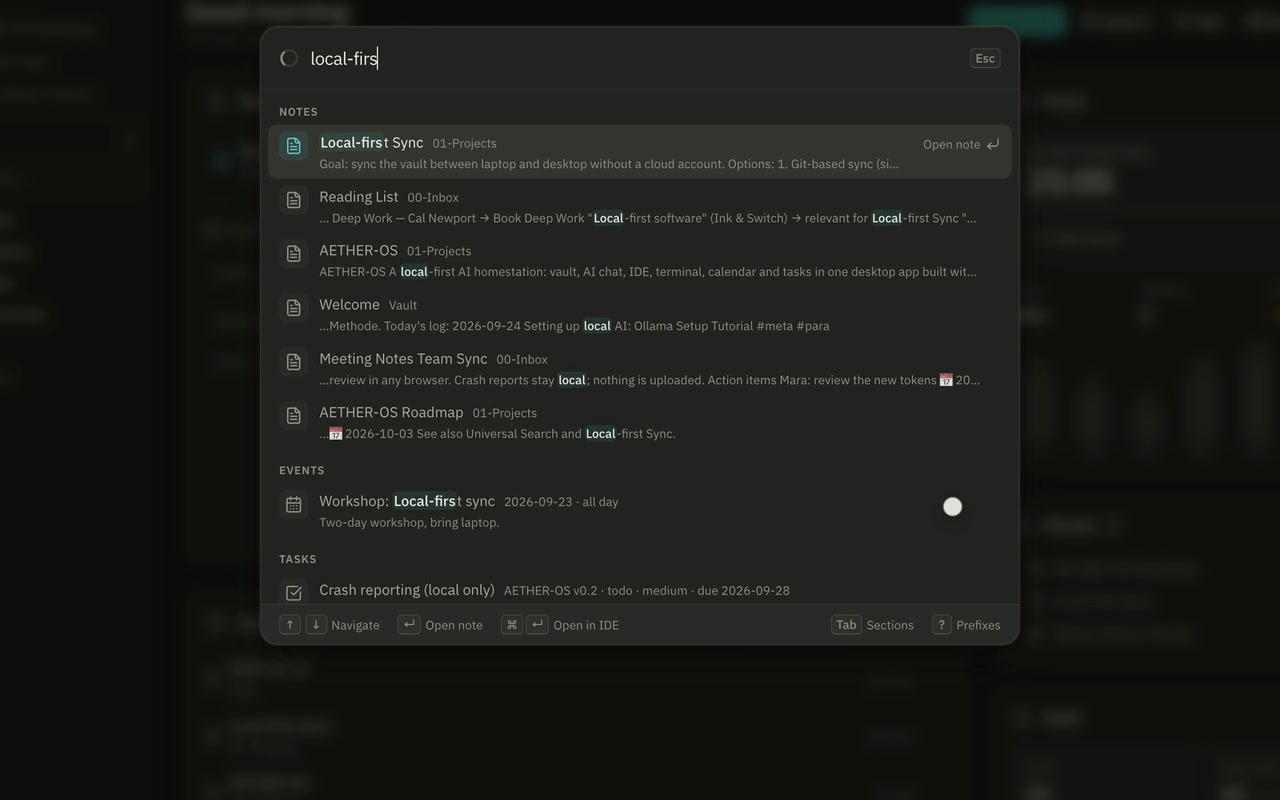 The launcher listing commands and notes for the query 'sync'