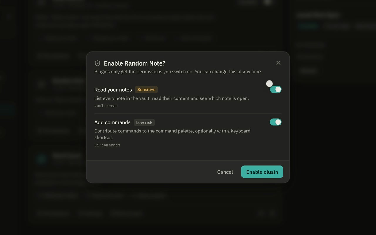 The Plugins workspace with the bundled plugins and their permissions