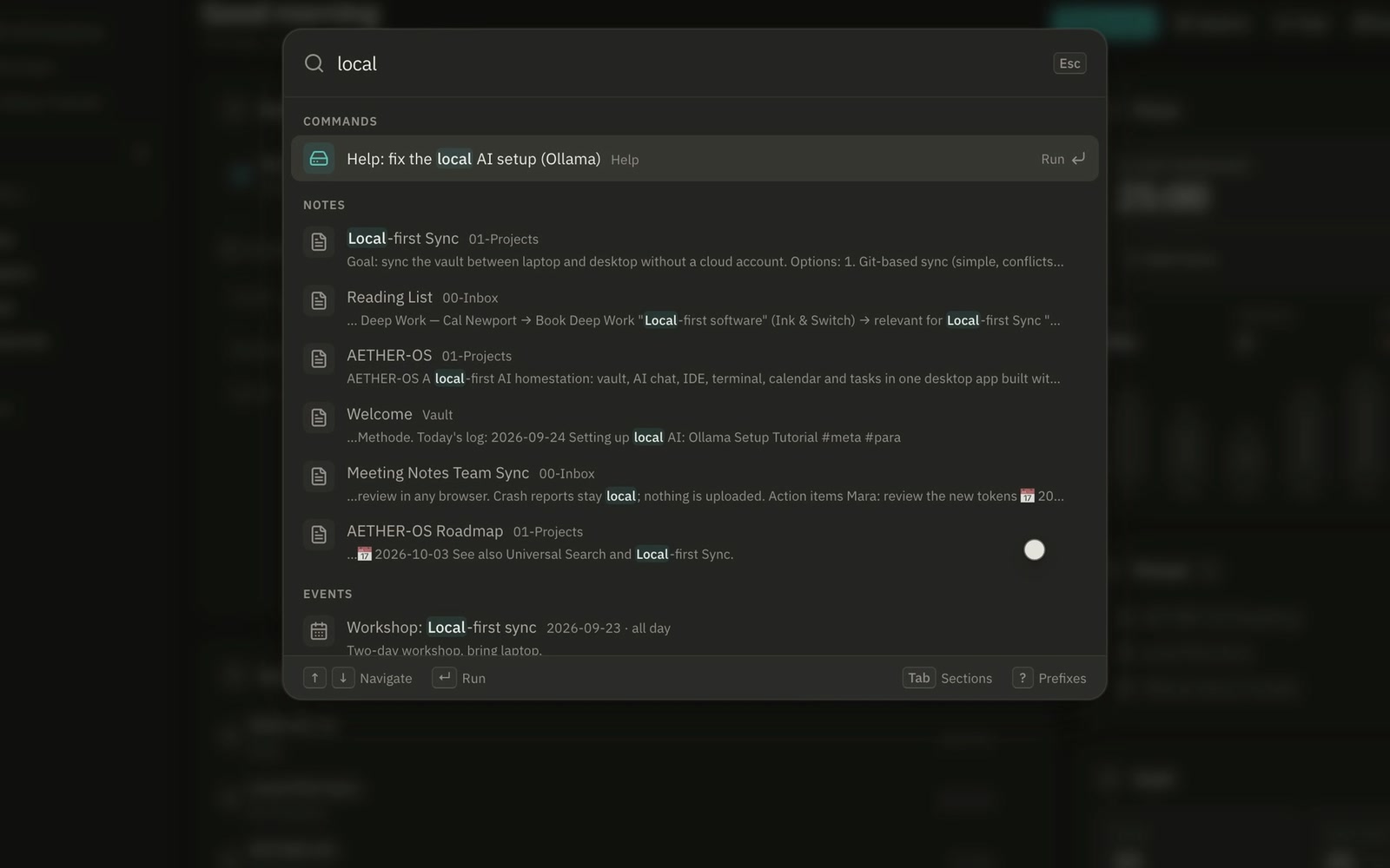 AETHER-OS showing the knowledge graph, the grouped navigation rail and the AI agent answering from the vault