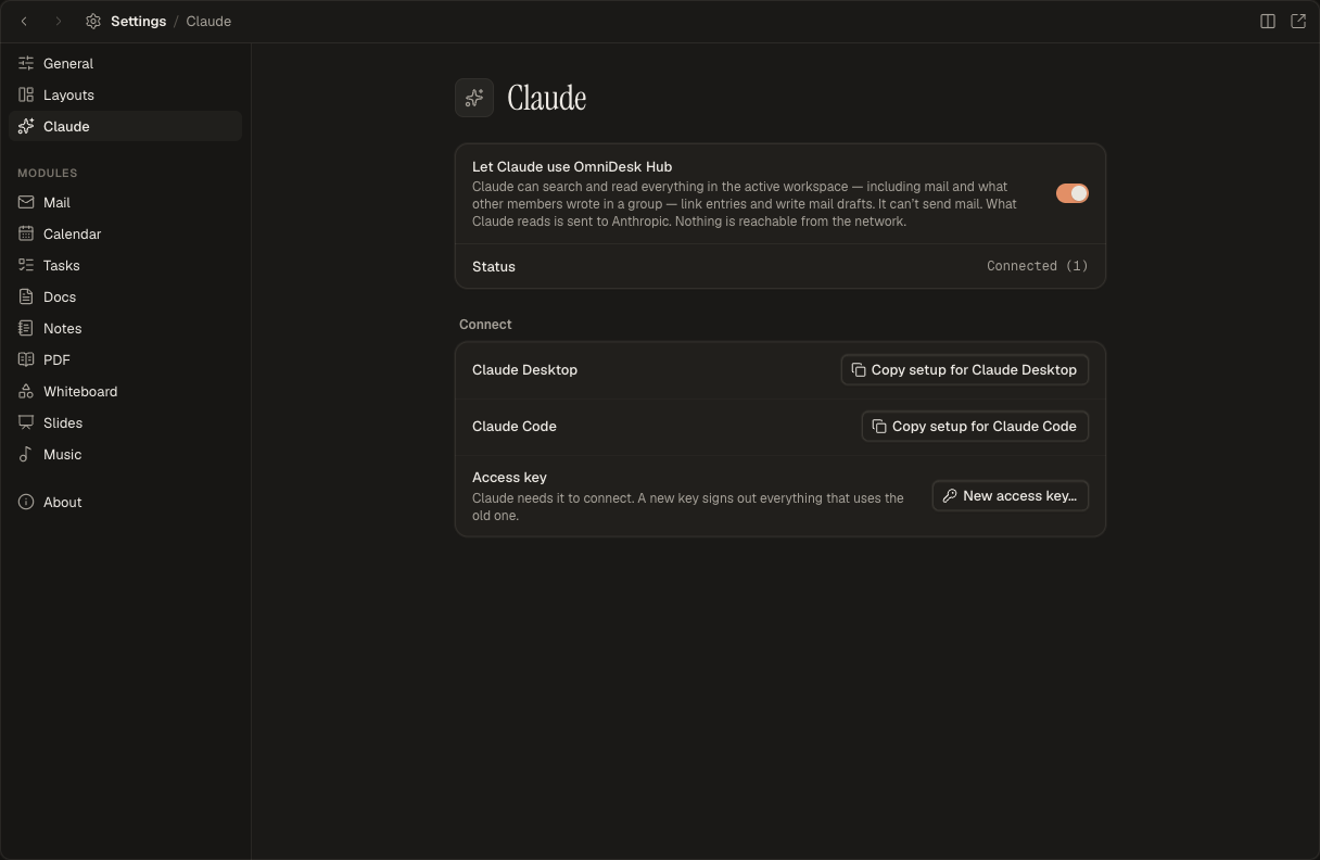 Settings → Claude in OmniDesk Hub: the switch “Let Claude use OmniDesk Hub” turned on, the status “Connected (1)”, buttons to copy the setup for Claude Desktop and Claude Code, and “New access key…”