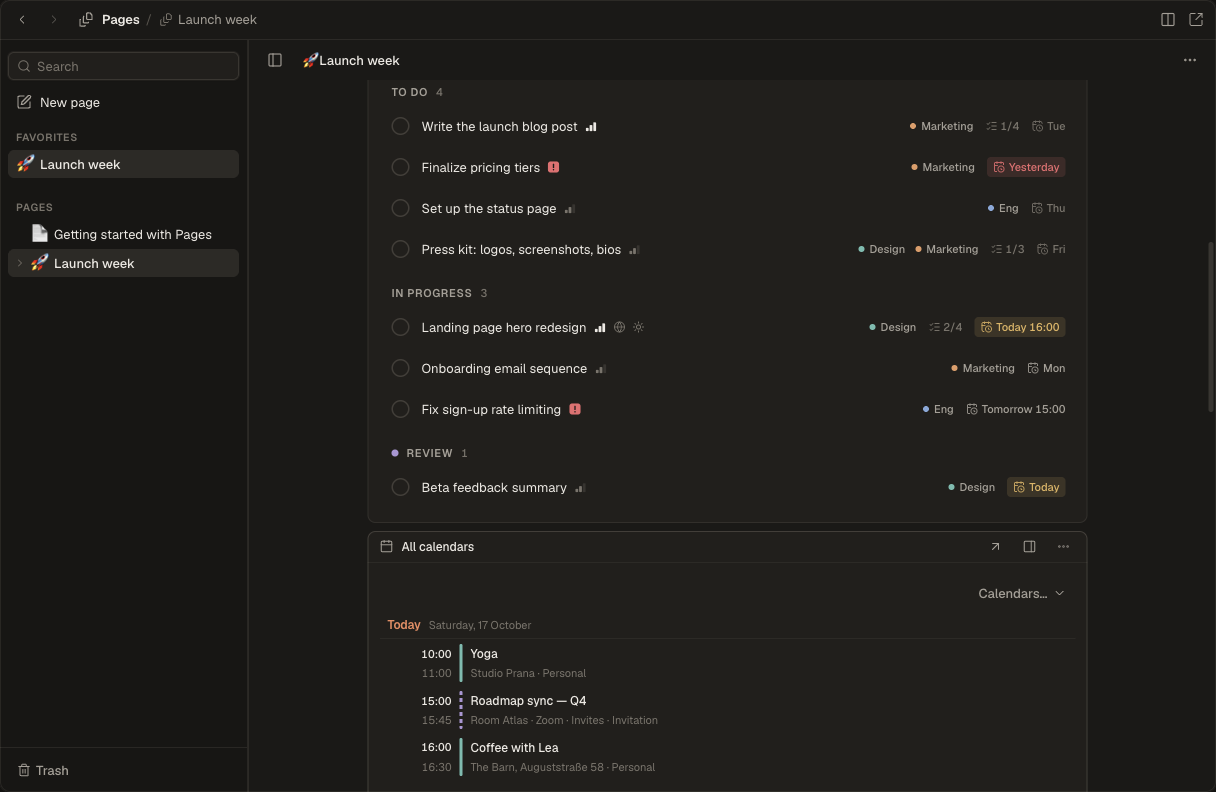 Further down the “Launch week” page: the task board’s To do, In progress and Review columns as a live card, and below it a calendar card with today’s events