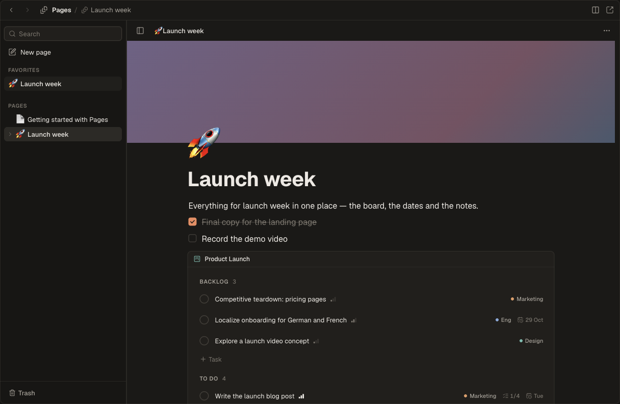 A page in OmniDesk Hub called “Launch week” with a violet cover and a rocket icon, a short intro, two to-dos and below them the live “Product Launch” task board; on the left the page tree with favorites